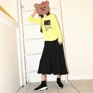 Cute Black Denim Flared Skirt